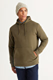 Erkek Haki Standart Fit Normal Kesim Içi Polarlı 3 Iplik Kapüşonlu Kanguru Cepli Pamuklu Sweatshirt