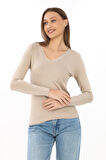 Yumuşak, Rahat ve Şık Viskon V Yaka Tişört-Bej