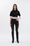 Kadın Yüksek Bel Skinny Fit Dar Paça Benekli Füme Jean Pantolon