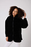 Kadın Siyah Peluş Rüzgar Geçirmez Welsoft Çift Kışlık Mont Kaban