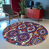 Etnik Kilim Desenli 180 cm Çap Büyük Boy Otantik Yuvarlak Dijital Baskı Halı