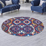 Etnik Kilim Desenli 180 cm Çap Büyük Boy Otantik Yuvarlak Dijital Baskı Halı