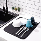 Mikrotex Bulaşık Matı Süper Emici Bulaşık Kurutma Matı 45x36cm Tezgah Üstü Bulaşık Matı Siyah