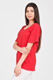 As Collection Kırmızı V Yaka Kısa Kol Boyfriend Kadın T-Shirt