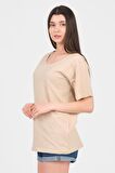 As Collection Bej V Yaka Kısa Kol Boyfriend Kadın T-Shirt