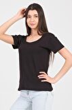 As Collection Siyah Kayık Yaka Kısa Kol Örme Kadın T-Shirt