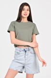 As Collection Yeşil Bisiklet Yaka Kısa Kol Örme Kadın Crop