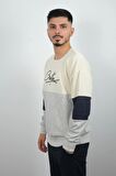 Erkek Sıfır Yaka Çizgili Sweatshirt Creattion Krem