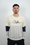 Erkek Sıfır Yaka Çizgili Sweatshirt Creattion Krem