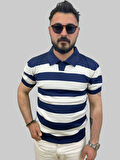 Erkek Parçalı Slim Fit Polo Yaka Lacivert-Taş Triko Tişört