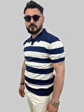 Erkek Parçalı Slim Fit Polo Yaka Lacivert-Taş Triko Tişört