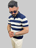 Erkek Parçalı Slim Fit Polo Yaka Lacivert-Taş Triko Tişört