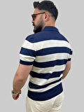 Erkek Parçalı Slim Fit Polo Yaka Lacivert-Taş Triko Tişört