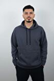 Erkek Kapüşonlu ve Önden Cepli Düz Polar Sweatshirt Antrasit