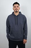 Erkek Kapüşonlu ve Önden Cepli Düz Polar Sweatshirt Antrasit