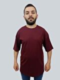 Erkek Plain Oversize Bisiklet Yaka Bordo Tişört