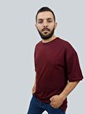 Erkek Plain Oversize Bisiklet Yaka Bordo Tişört