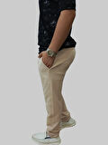 Erkek Battal Beli Lastikli Bağcıklı Çakıl Taşlı Sahte Patlı Krem Jogger Pantolon