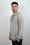 Erkek Kapüşonlu ve Önden Cepli Düz Polar Sweatshirt Taş