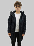Erkek Kürklü Çıkma Kapüşonlu İçi Kürklü Kanvas Siyah Parka Kaban