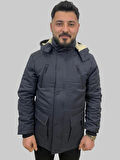Erkek Kapüşon Çıkmalı İçi Kürklü Fermuar Detaylı Kanvas Füme Kaban Parka
