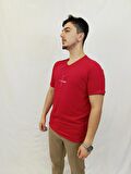 Erkek Contrast V Yaka Kırmızı Tişört