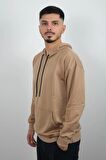 Erkek Kapüşonlu ve Önden Cepli Düz Polar Sweatshirt Kahverengi