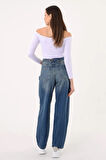 Kadın Lacivert  Yüksel Bel Soluk Efektli Baggy Jeans