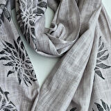 Geniş Pamuklu Tahta Baskılı Şal, Gri Hediyelik, Şık , El Yapımı, Tasarım Şal  , Moli Tasarım, 60100118108