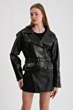 Kadın Oversize Biker Deri Ceket
