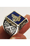 Osmanlı Tuğralı Mavi Mineli Gümüş Erkek Yüzüğü