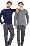 6065 Erkek Uzun Kollu Bisiklet Yaka Pijama Takımı-gri