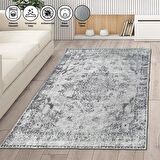 Modern Klasik Eskitme Desenli Gri Halı Kaymaz Taban Makinede Yıkanabilir