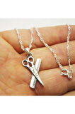 Kuaförlere Özel Makas Tarak Figürlü Kadın Gümüş Kolye