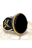 Uçak Motifli Siyah Oniks Taşlı Gümüş Erkek Yüzük