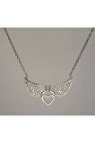 Tektaşlı Kanatlı Kalpli Kadın Gümüş Kolye Orta Boy
