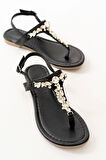 Siyah Gümüş Taşlı Parmak Arası Kadın Sandalet