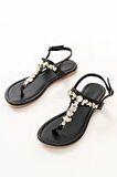 Siyah Gümüş Taşlı Parmak Arası Kadın Sandalet