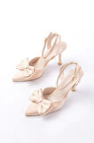 İNF-4505 Bej Saten Günlük Arkası Açık Kurdele detaylı Topuklu Kadın Ayakkabı