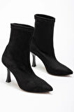 Siyah Süet Yüksek İnce Topuklu Streç Kadın Bot