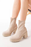 Streç Bej Fermuarlı Kalın Topuklu Günlük Kadın Bot