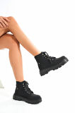 Kömür Siyahı Bağcıklı Kalın Taban Kadın Günlük Bot
