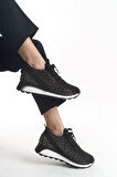 Alya Bağcıklı Ortopedik Taban Taşlı Kadın Sneaker Spor Ayakkabı Bt - Siyah
