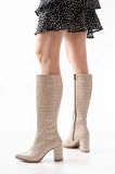Bej Kroko Topuklu Kadın Çizme
