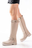 Bej Düz Topuklu Günlük Kadın Binici Çizme