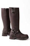 Kahverengi Toka Aksesuarlı Fermuarlı Günlük Kadın Çizme