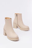 Bej Fermuarlı Kalın Topuklu Günlük Kadın Bot