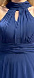 Lacivert Sırt Dekolteli  Kloş Etekli Tül Uzun Abiye Elbise 6034