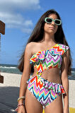 Tek Omuz Zig-Zag Desenli Cut-Out Halka Detaylı 50UV Kız Çocuk Mayo by Nessi Byrd