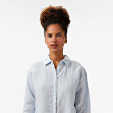 Nautica Kadın Mavi Regular Fit Keten Çizgili Gömlek